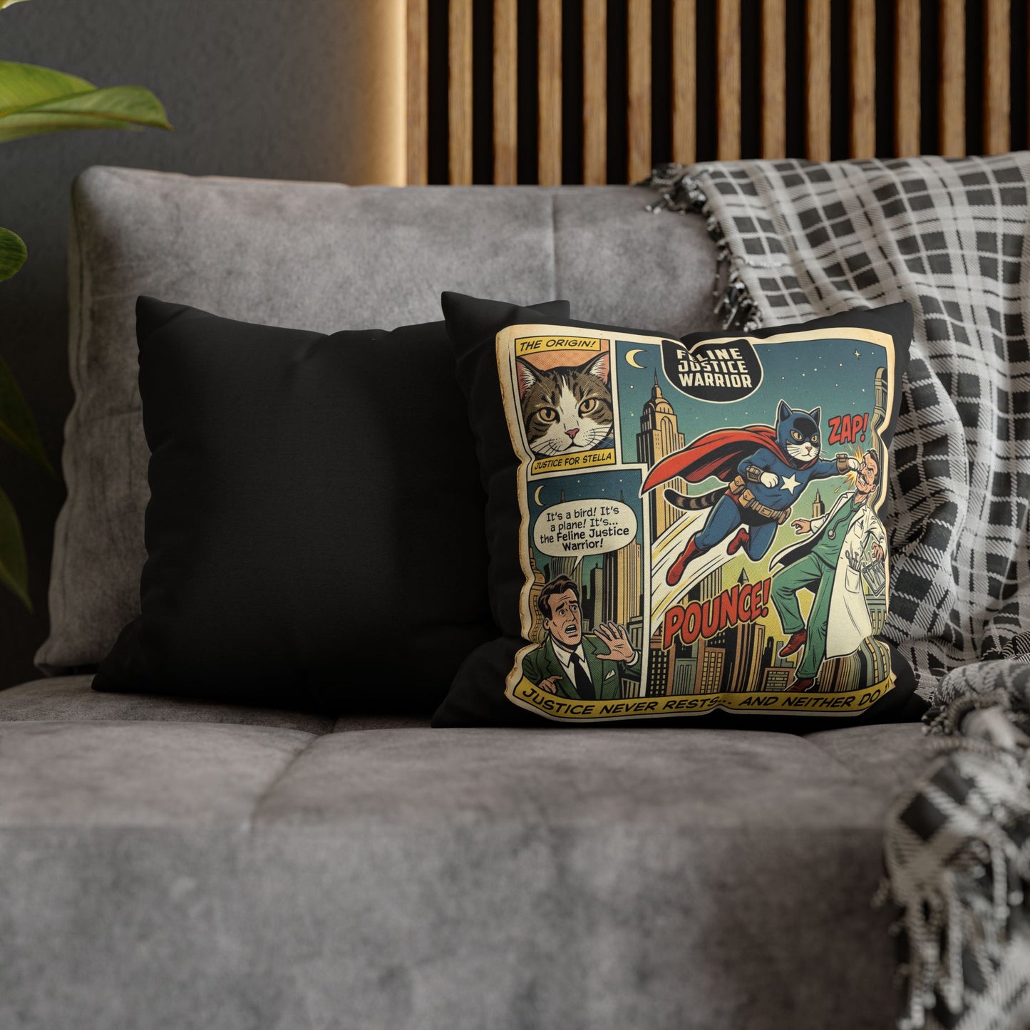 Feline Justice Warrior Vintage Style Comic Art Pillow Cover