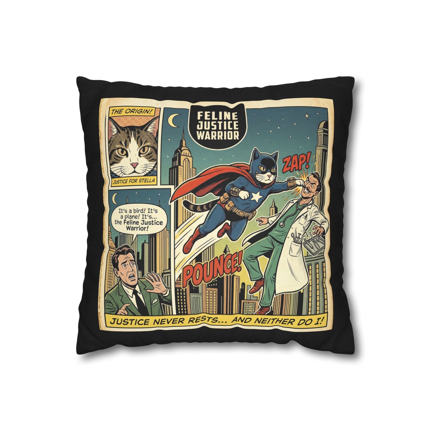 Feline Justice Warrior Vintage Style Comic Art Pillow Cover
