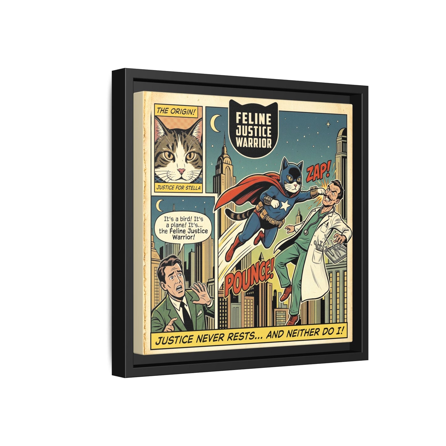 Feline Justice Warrior Vintage Style Comic Art Framed Canvas Wall Art