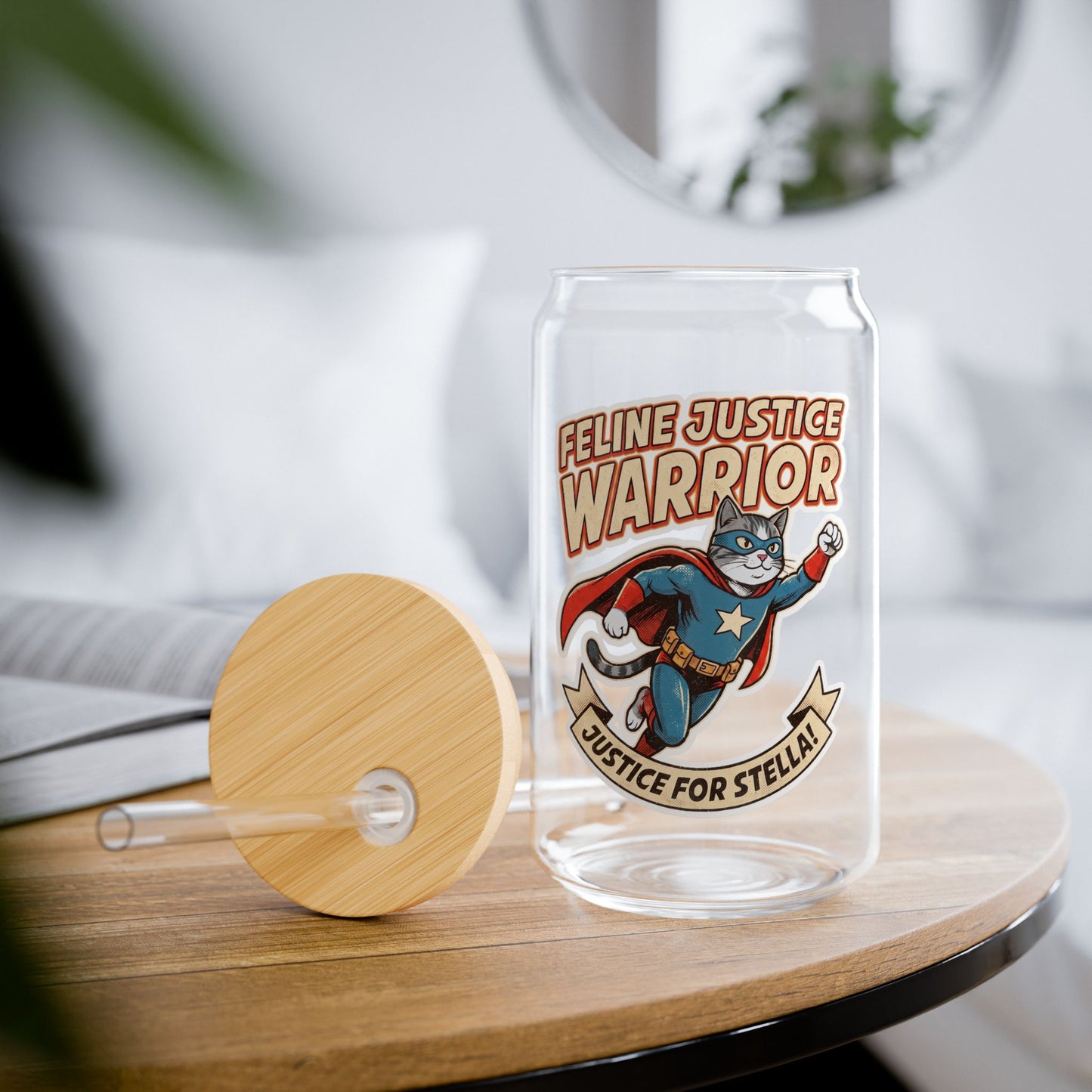 Feline Justice Warrior Vintage Comic Character Sipper Glass – 16oz