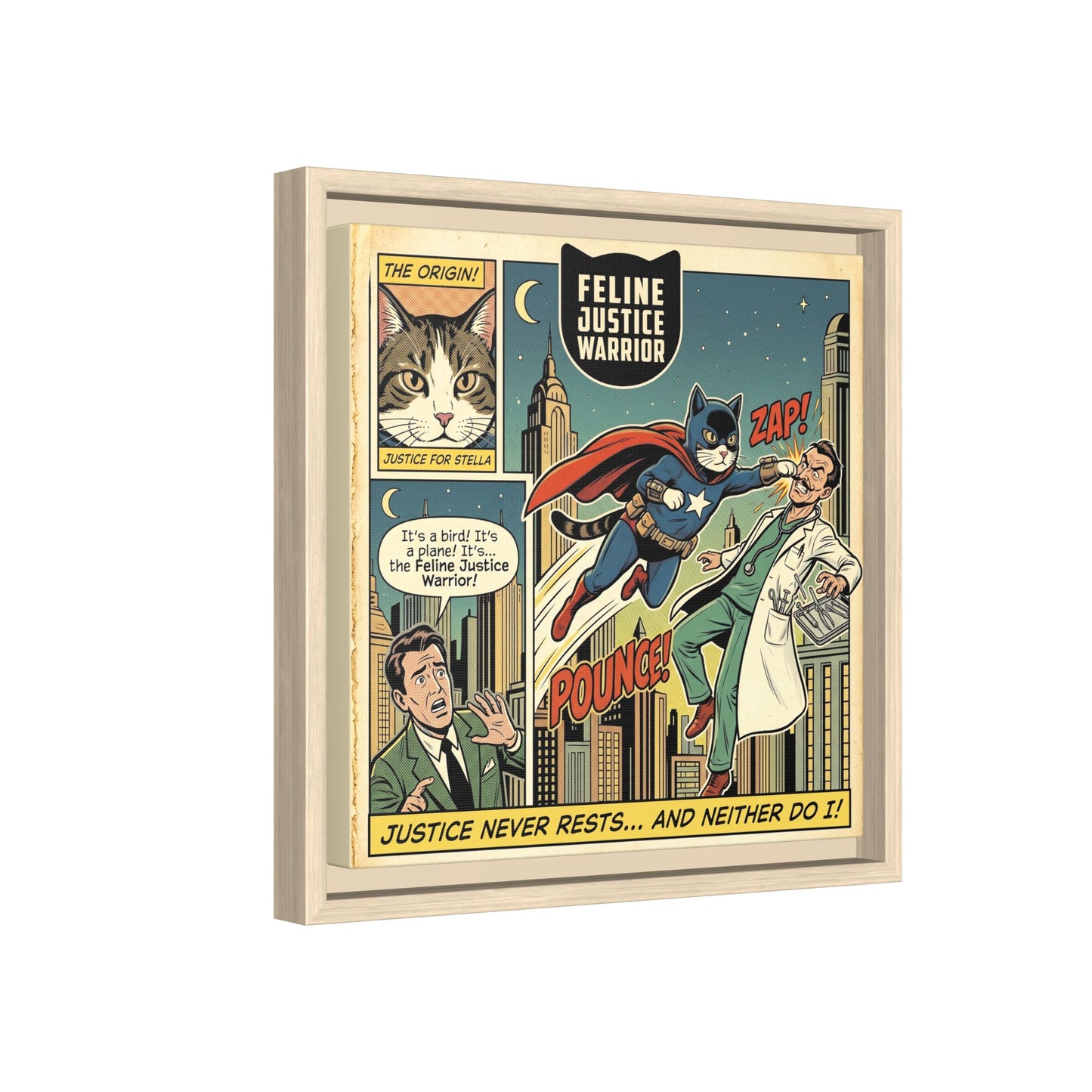 Feline Justice Warrior Vintage Style Comic Art Framed Canvas Wall Art
