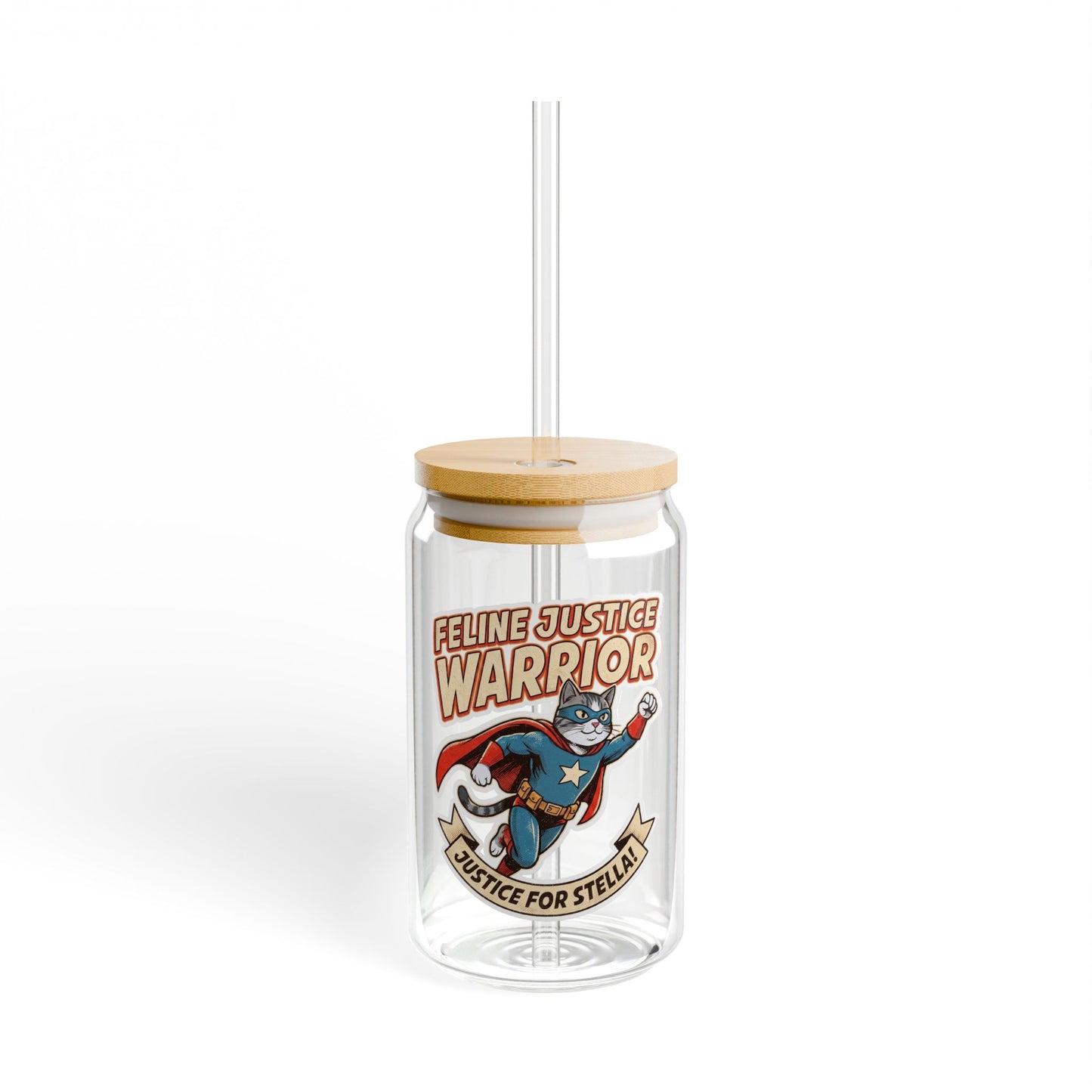 Feline Justice Warrior Vintage Comic Character Sipper Glass – 16oz