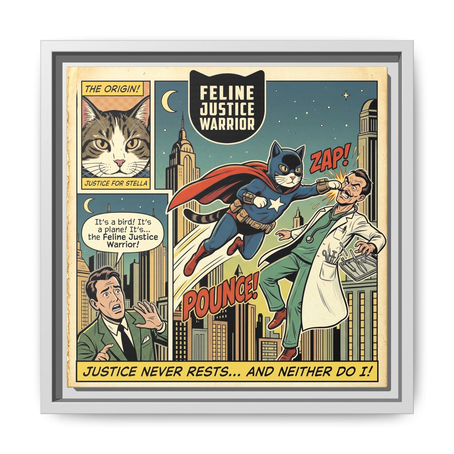 Feline Justice Warrior Vintage Style Comic Art Framed Canvas Wall Art
