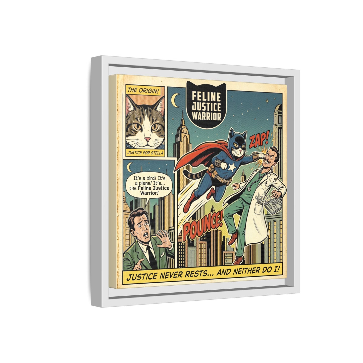 Feline Justice Warrior Vintage Style Comic Art Framed Canvas Wall Art