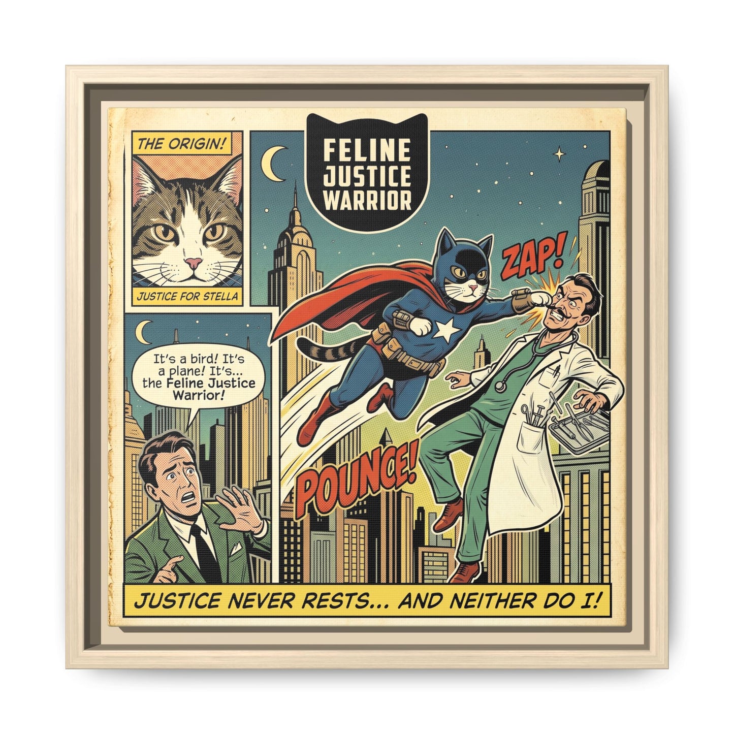 Feline Justice Warrior Vintage Style Comic Art Framed Canvas Wall Art
