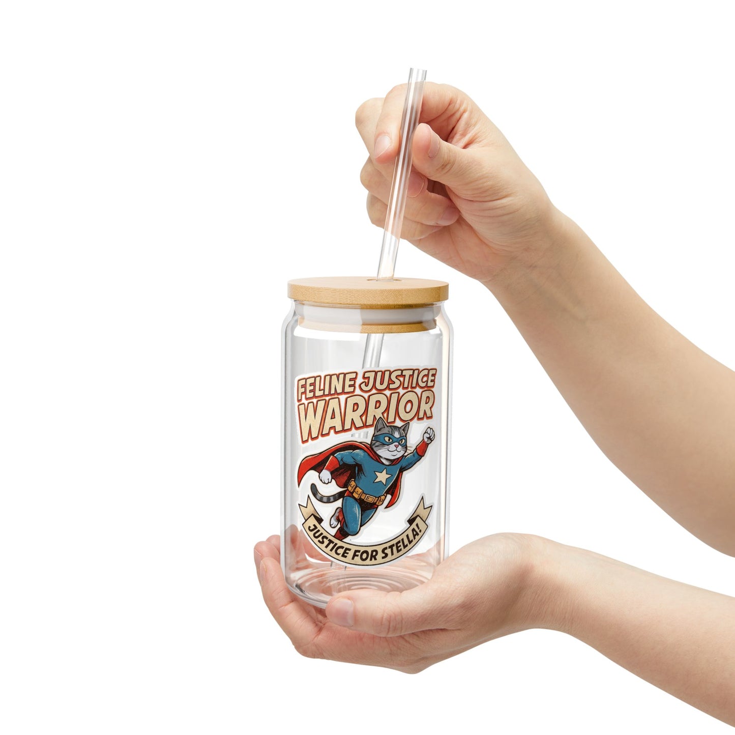 Feline Justice Warrior Vintage Comic Character Sipper Glass – 16oz